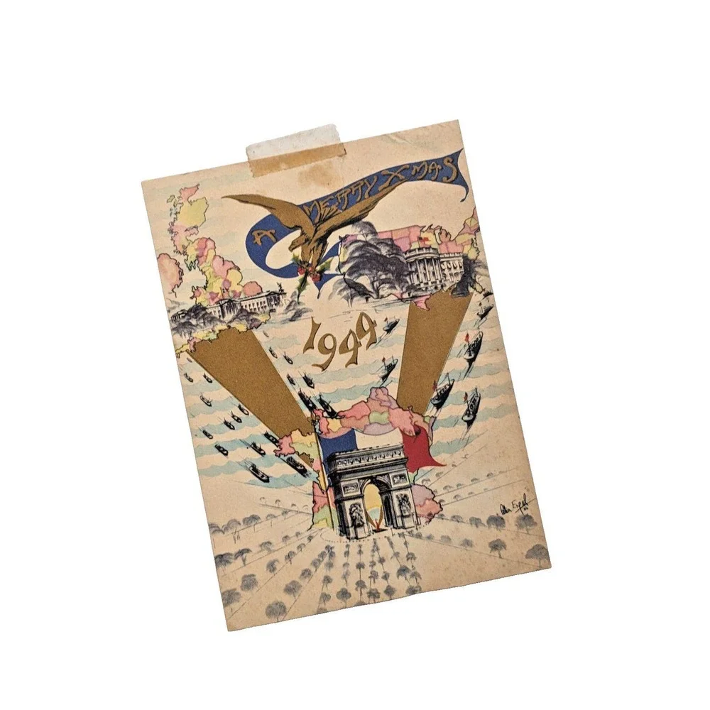 WWII 1944 Christmas Card by Celia Engel Arc de Triomphe Allied Invasion Art Note